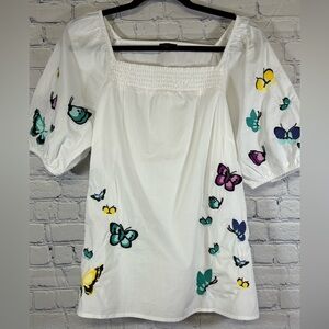 Talbots White Embroidered Butterflies Square Neck Elbow Puff Sleeve Poplin Top M